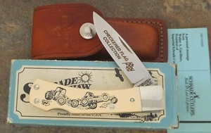 SCHRADE + USA VINTAGE SCRIMSHAW CHECKERED FLAG LOCKBACK KNIFE 515 SC W/SHEATH - Picture 1 of 4