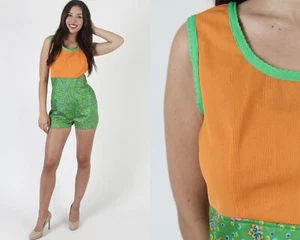 Vtg 60s Psychedelic Micro Mini Playsuit Green Floral Romper Tennis Sexy Shorts - Picture 1 of 7