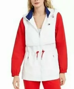 NWT $129 Tommy Hilfiger Womens XL White Red Blue Windbreaker Hooded Cinch Jacket - Picture 1 of 3