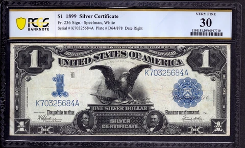 1899 $1 SILVER CERTIFICATE BLACK EAGLE FR.236 SPEELMAN WHITE PCGS B VF 30 (684A) Cover