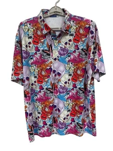 Hreski Men SZ XL Golf Shirt Skulls Floral Grunge Athletic Stretch Preppy - Picture 1 of 11