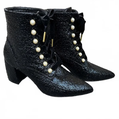 Botas Rachel Victorianas Tacón Brujo Negro Texturizado Con Cordones Talla 9 Foto 1 de 4