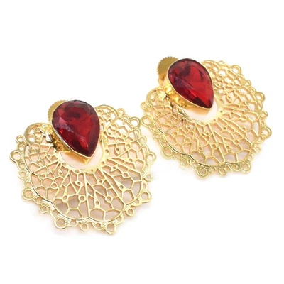 Fashion Earring Red Garnet Quartz Gold Plated Jewelry Feather Earring 1.5" Y723 - Image 1 of 4