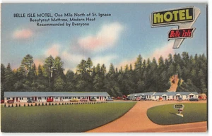 BELLE ISLE MOTEL St. Ignace, MI Roadside 1940s Linen Vintage Postcard - Bild 1 von 2