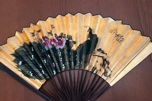 Japanese Wall Fan GOLDEN Peacock Handpainted Vintage  24” , Asian - Picture 1 of 12