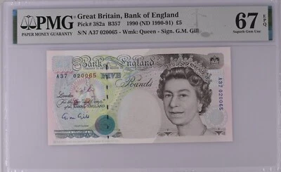 GRAN BRETAÑA 5 LIBRAS 1990 P382 PMG 67 EXCELENTE GEMA SIN CIRCULAR EPQ QEII A37 PREFIJO BILL Foto 1 de 2