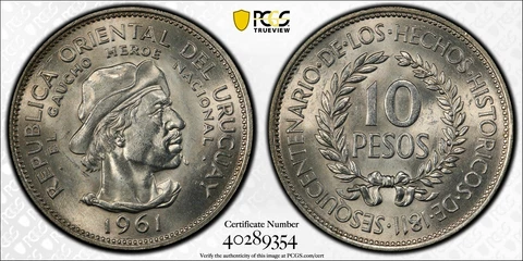 Uruguay 1961 10 Pesos PCGS MS64 Revolution Sesquicentennial PC1083 combine shipp Cover