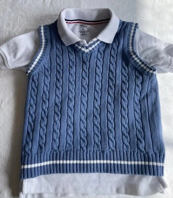 Gymboree Boys Cable Knit Sweater Vest + Collared Shirt Size 4 Blue White Trim - Image 1 of 4