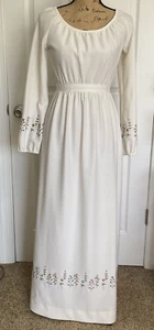 VTG 60s 70s Leslie Fay Ivory Maxi Dress Long Sleeve Peasant Size X Small Floral - Picture 1 of 19