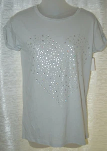 Women's Rue 21 Light Gray Beaded Heart Short Sleeve T-Shirt Top Size Small - Picture 1 of 3