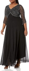 J Kara Women's 3/4 Sleeve V-Neck Beaded Top Long Gown, Black/Gun/Mercury, Sz 12 - Picture 1 of 3