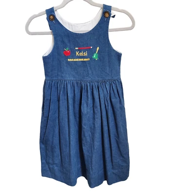 Vintage 90s Girls Size 7 Denim Dress Jumper School "Kelsi" Kelly's Kids Cotton - Image 1 of 4