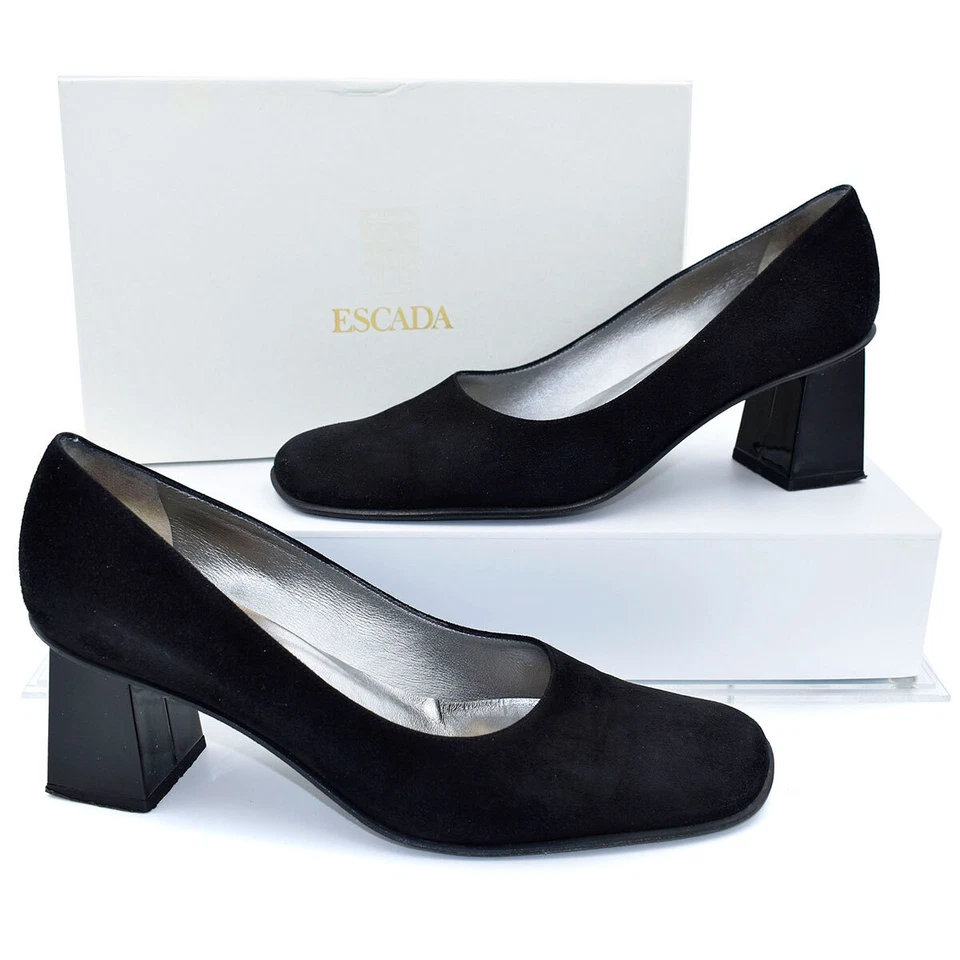 Zapatos de tacón alto Escada $260 negros de gamuza/patente de cuero bloque bajo talla 9,5 M Foto 1 de 4