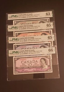 VERY RARE MATCHING LOW SERIAL # 1954 Canada $1, $2, $5 &$10 DEVIL FACE Banknotes - Picture 1 of 9
