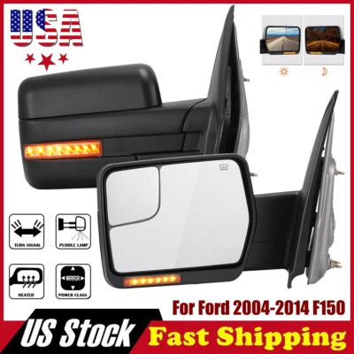 Juego de espejos retrovisores de remolque para Ford F-150 2004-2014 intermitente charco luz térmica Foto 1 de 4
