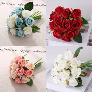 Artificial Flowers Wedding Bouquet Party Decor Home 12 Heads Silk Rose Buch Fake - Bild 1 von 20