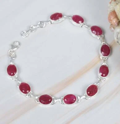 silver ruby bracelet Cut Red Ruby 925 Sterling Silver Gemstone Adjustable women - Image 1 of 3