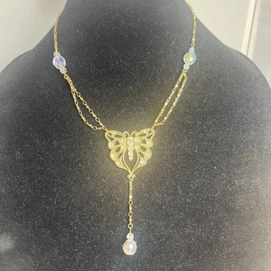 Vintage Signed Avon Butterfly Y Drop AB Rhinestone Crystal Gold Tone Necklace - Picture 1 of 3