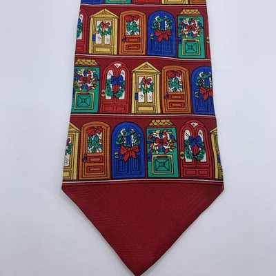 Feraud Louis Feraud 圣诞门领带红色假日花圈丝绸 57 英寸 X 4 英寸 — 第 1/4 张图片