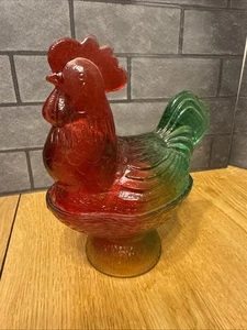 Rooster on Pedestal Green  Red Amber Glass Covered Candy Dish - Picture 1 of 9