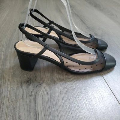 J Crew Shoes Womens Size 6 Black Mesh Polka Dot Block Heel Slingback Dressy - Image 1 of 4