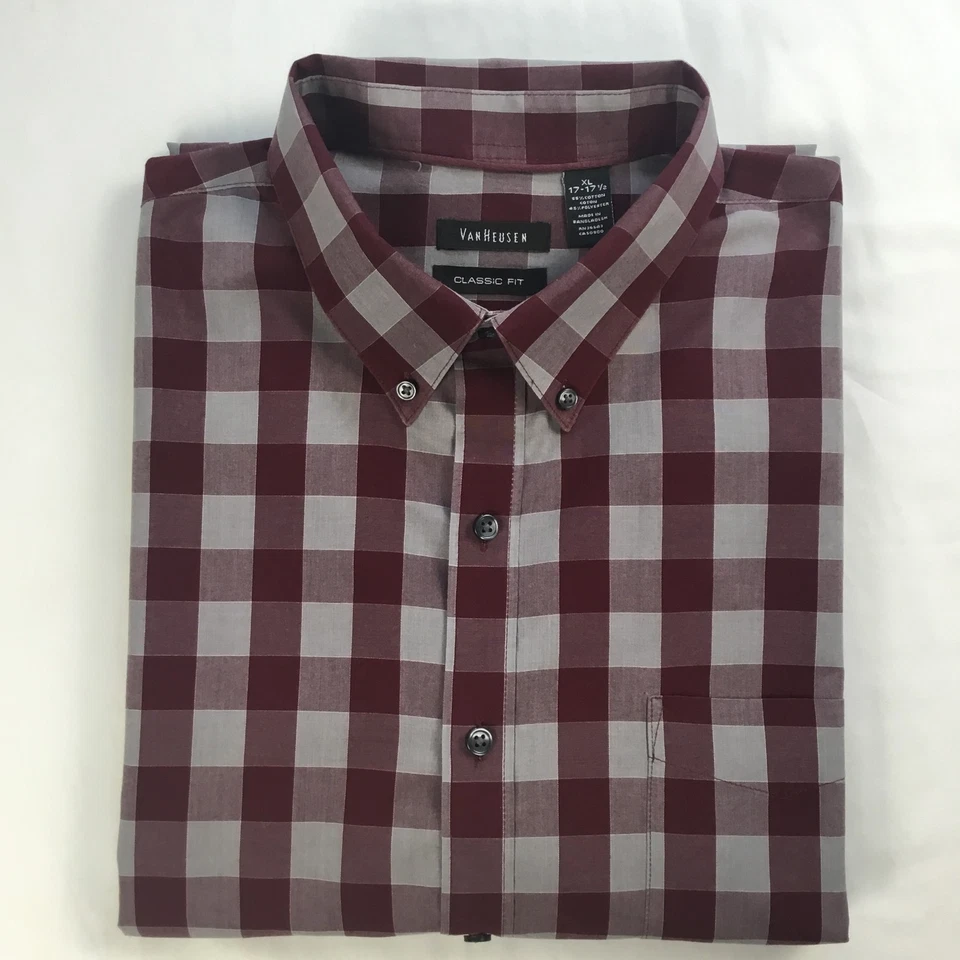 Van Heusen Mens Shirt XL Red Gray Check Classic Fit Long Sleeve Dress Utility - Image 1 of 4