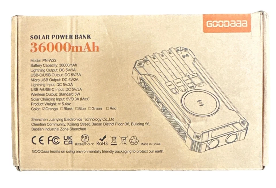 ⚡️GOODAaaa 太阳能移动电源 36000mAh 内置 4 电缆 6 输出型号 PN-W22 — 第 1/1 张图片
