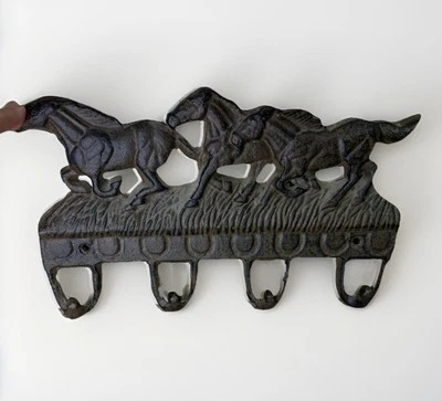 Antiqued Cast Iron Horses Wall Plaque Coat Hanger Rustic Farmhouse Western Decor - Image 1 of 4