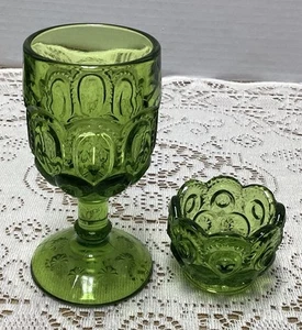 Vtg LE Smith Glass Moon & Star Green Glass Cordial Goblet 4.5" & Salt Cellar Dip - Picture 1 of 10
