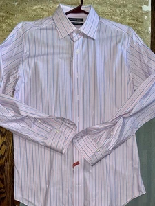 Saks Fifth Ave Mens Shirt 16 34/35 Pink/blue Stripe, Slim Fit Long Sleeve. EUC - Picture 1 of 11