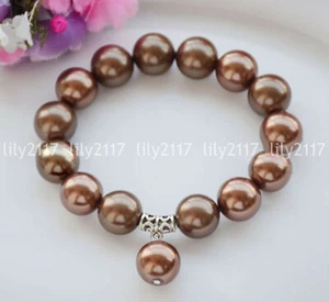 4Colors 8/10/12mm South Sea Shell Pearl Round Beads Pendant Stretch Bracelet 8'' - Picture 1 of 9