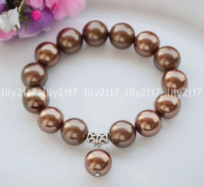 4Colors 8/10/12mm South Sea Shell Pearl Round Beads Pendant Stretch Bracelet 8'' - Image 1 of 4
