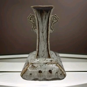 Raro vaso vintage cinese smaltato a goccia doppio design orecchie ceramica marrone beige - Foto 1 di 17