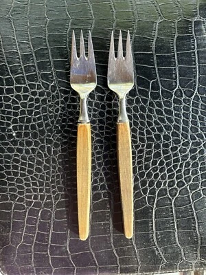 VTG Dansk Lundtofte Eckhoff Flatware Stainless Wood Handle Denmark 2 Dinner Fork - Image 1 of 4