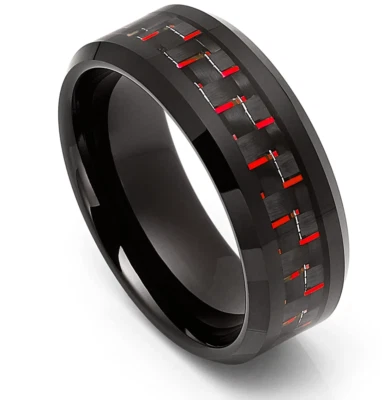 8mm Men's Tungsten Carbid eBlack With Red Carbon Fiber Fireman Wedding Band Ring - Image 1 of 2