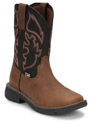 Justin Niños Negro/Marrón Rush Junior Cuero Vaquero PUNTERA CUADRADA Botas-4337 Foto 1 de 4