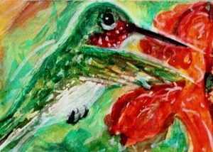 ORIGINAL ACEO Vogel Rubin KOLIBRI Gemälde Sommer Blume Tier Natur ATC ART - Bild 1 von 1