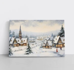 Vintage Christmas Village Painting Framed Canvas Wall Art Print Nostalgic Xmas - Picture 1 of 10
