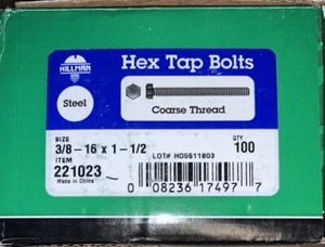 Qty 100 Hillman 221023 Hex Tap Bolt Coarse Thread 3/8-16 x 1-1/2 - Picture 1 of 1