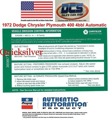 Dodge Chrysler Plymouth 400 1972 4bbl calcomanía de emisiones automáticas 3698717 nuevo MoPar EE. UU. Foto 1 de 2