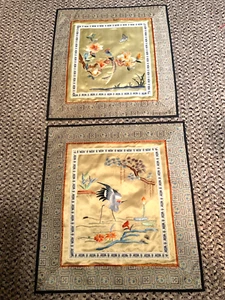 2 Chinese Asian Silk Embroidery Tapestry Bird Flower Oriental Vintage bev - Picture 1 of 8