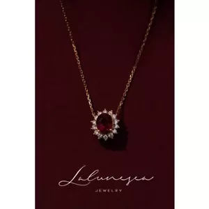 Red ruby pendant Necklace S925 sterling silver plated with 18K gold Gift For Her - Picture 1 of 11