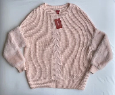 NTW Guess Women’s Roma Pink Cable knit Sweater Faux Fur Long Sleeve Size XS - Image 1 of 4