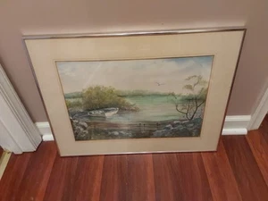 Vintage Lake Boat Original Watercolor Painting Signed Framed 25" X 19" - Picture 1 of 9