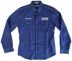EXPRESS M Medium TEAM STONE Brewing Button Up Blue Checkered Shirt Embroidered - Picture 1 of 15