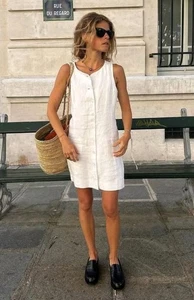 Alex Mill Mujer Anna Botón Chaleco Mini Vestido en Lino Sarga Blanco Talla S  - Imagen 1 de 7