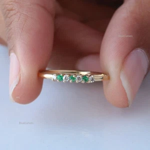 Alternate Zambian Emerald & Diamond Thin Band Ring In 14k Solid Yellow Gold - Picture 1 of 8