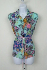 ALBERTO MAKALI LARGE MOD RUCHED FLORAL SLEEVELESS TOP SEQUINS LUCITE BUTTONS - Picture 1 of 11