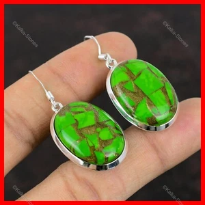 Pendientes colgantes ovalados de plata de ley con gancho de piedras preciosas turquesa verde cobre - Imagen 1 de 6