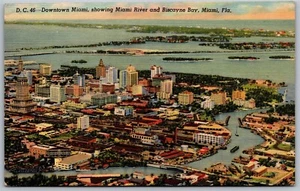 Postal de Colección Miami Florida FL Downtown Vista Aérea Río y Bahía de Biscayne Años 40 - Imagen 1 de 2